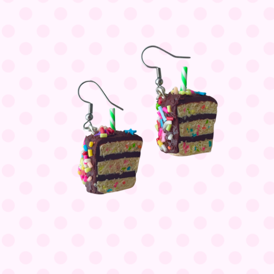 Chocolate birthday cake slice earrings