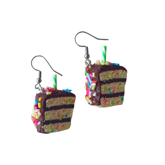 Chocolate birthday cake slice earrings
